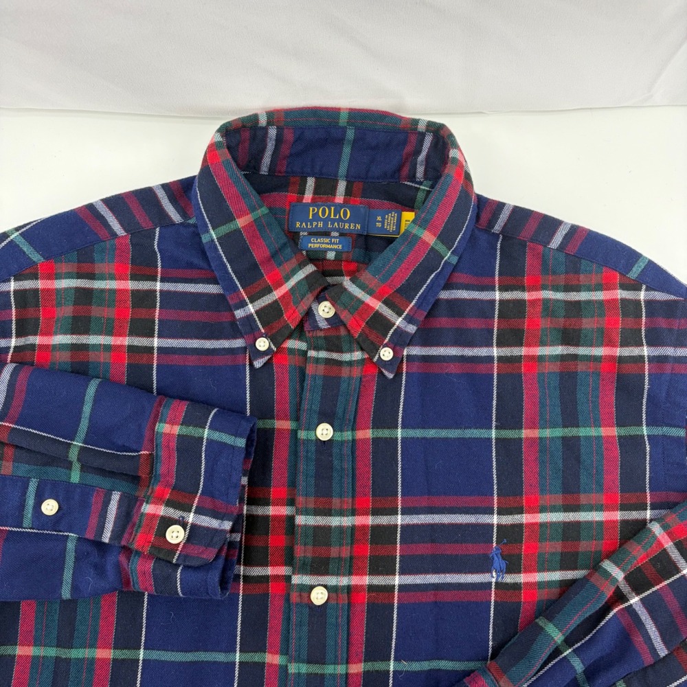 Polo Ralph Lauren Mens XL Classic Fit Performance Plaid Button Down Shirt Navy